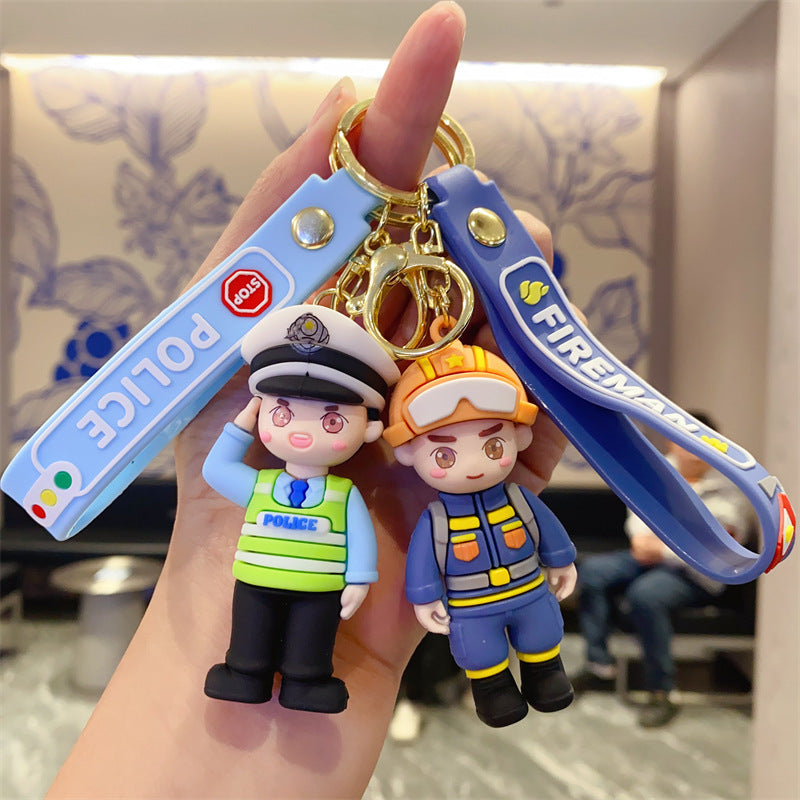 Cartoon Firefighter Keychains Police Officer Key Rings Cute Bag Charms Holiday Gift Items Claw Machine Supplies (Wholesale) M.72