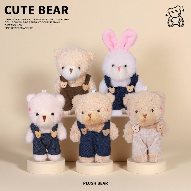 Cute Blush Bear and Bunny Cartoon Plush Dolls Suspender-Style Couple Backpack Charms Plush Keychains Small Gifts M.72