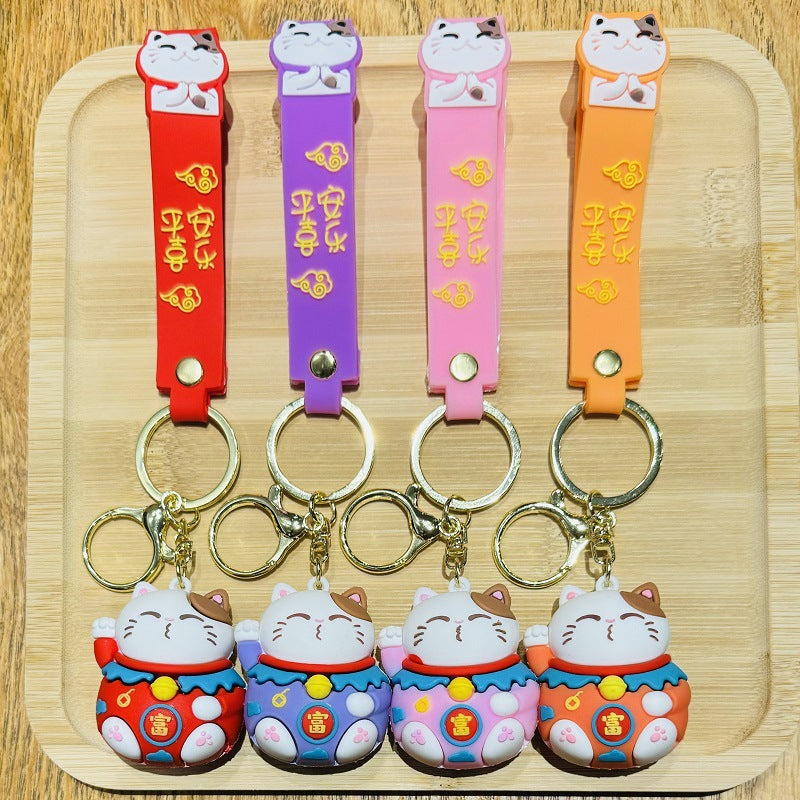 Wholesale of Cartoon Lucky Cat 3D Doll Keychains Fortune Cat Car Charms and Key Rings as New Year Small Gifts M.72