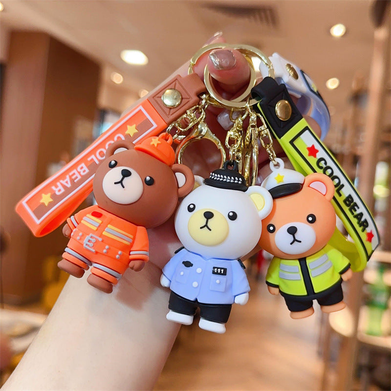 Cross-Border Cartoon Police Bear Keychains Firefighter Figurine Pendants Car Charms Claw Machine Small Gift Items (Wholesale) M.72