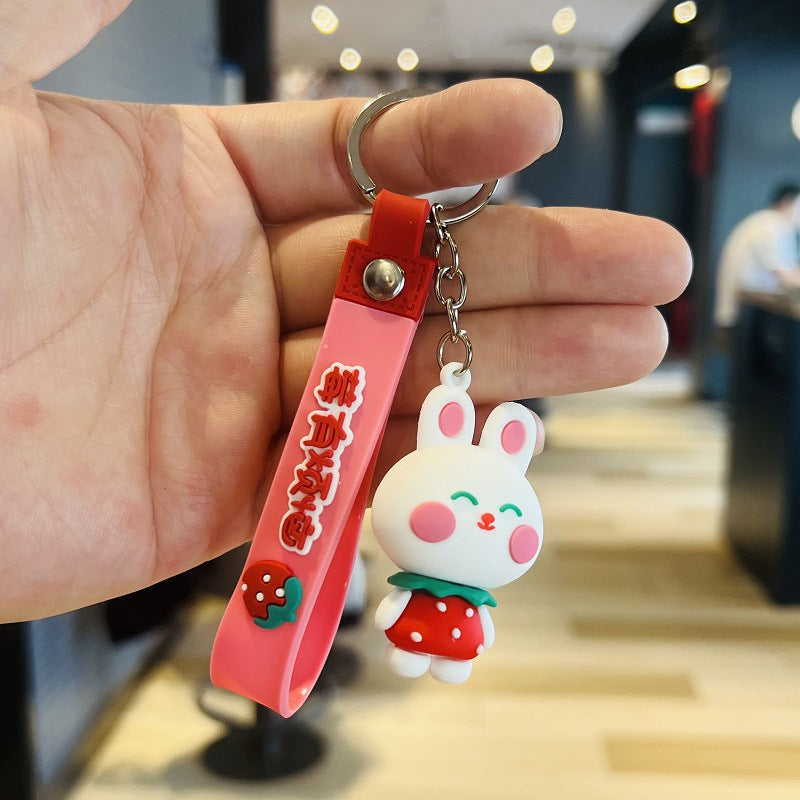 Cartoon Strawberry Rabbit Keychain Bag Pendant 3D Soft Rubber Doll Car Keyring - Event Small Gifts M.72