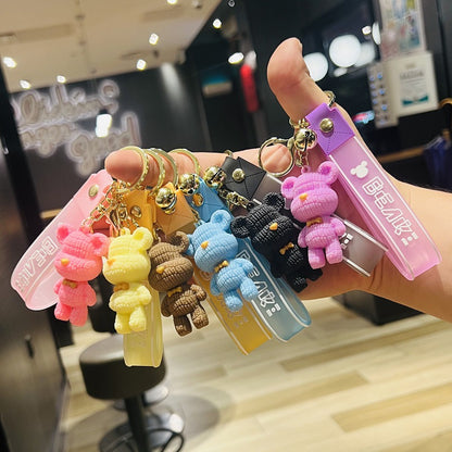 Cartoon Knitted Bear Keychain 3D Doll Bear Bag Charm Soft Rubber Leather Cord Car Key Ring Small Gift M.72