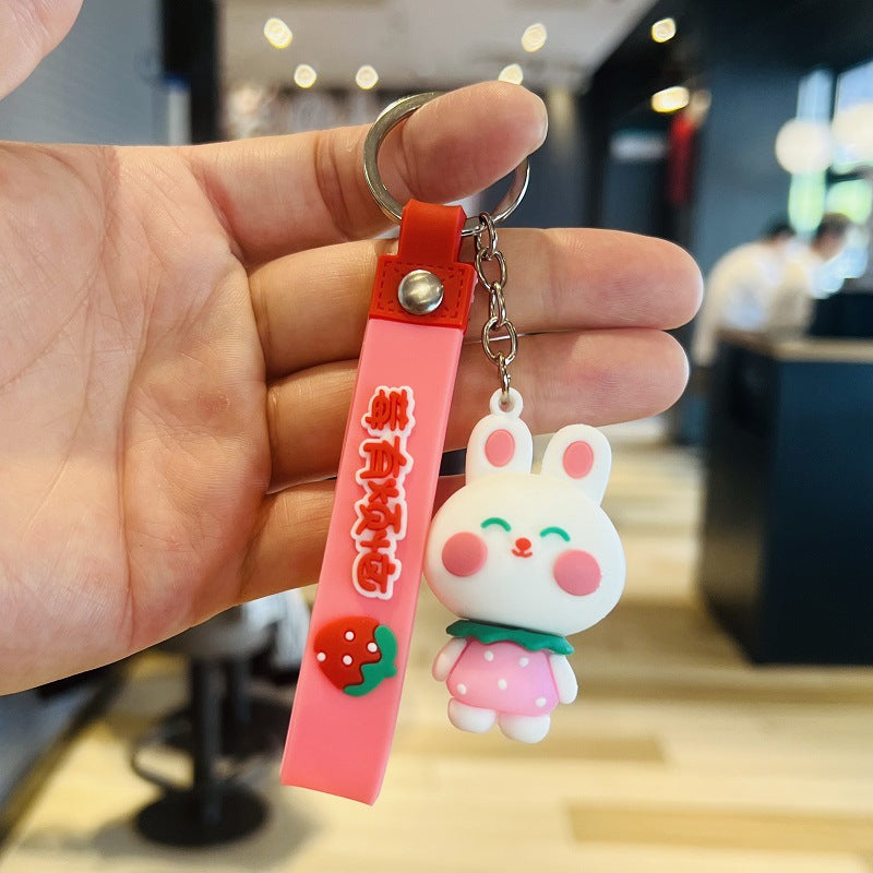 Cartoon Strawberry Rabbit Keychain Bag Pendant 3D Soft Rubber Doll Car Keyring - Event Small Gifts M.72