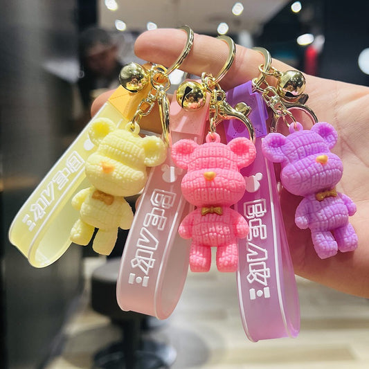 Cartoon Knitted Bear Keychain 3D Doll Bear Bag Charm Soft Rubber Leather Cord Car Key Ring Small Gift M.72