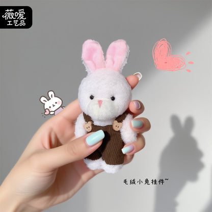 Cute Blush Bear and Bunny Cartoon Plush Dolls Suspender-Style Couple Backpack Charms Plush Keychains Small Gifts M.72