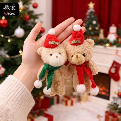 Christmas Blush Conjoined Bear Plush Dolls Cute Stuffed Keychains Bag Charms Scarf-Adorned Bear Figurines Holiday Gift Items M.72