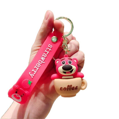 Wholesale of Cute Cartoon Gluttonous Strawberry Bear Keychains Couple Figurine Pendants Car Key Rings Claw Machine Gifts M.72