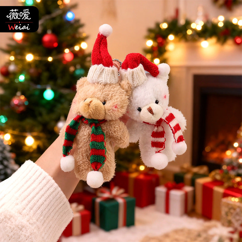 Christmas Blush Conjoined Bear Plush Dolls Cute Stuffed Keychains Bag Charms Scarf-Adorned Bear Figurines Holiday Gift Items M.72