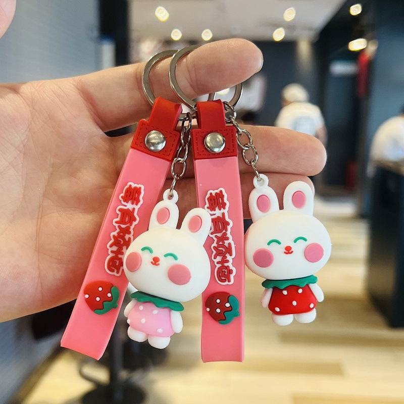 Cartoon Strawberry Rabbit Keychain Bag Pendant 3D Soft Rubber Doll Car Keyring - Event Small Gifts M.72