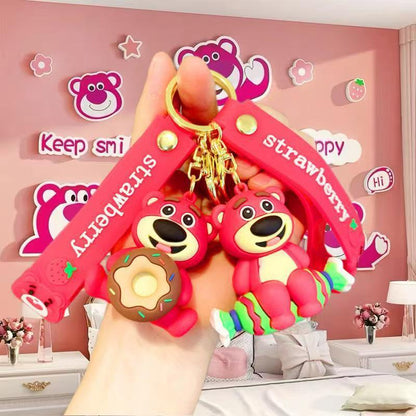 Wholesale of Cute Cartoon Gluttonous Strawberry Bear Keychains Couple Figurine Pendants Car Key Rings Claw Machine Gifts M.72