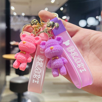 Cartoon Knitted Bear Keychain 3D Doll Bear Bag Charm Soft Rubber Leather Cord Car Key Ring Small Gift M.72