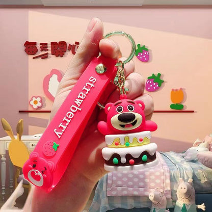 Wholesale of Cute Cartoon Gluttonous Strawberry Bear Keychains Couple Figurine Pendants Car Key Rings Claw Machine Gifts M.72