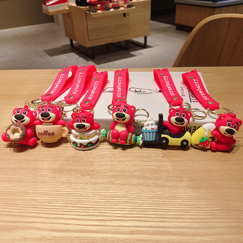 Wholesale of Cute Cartoon Gluttonous Strawberry Bear Keychains Couple Figurine Pendants Car Key Rings Claw Machine Gifts M.72