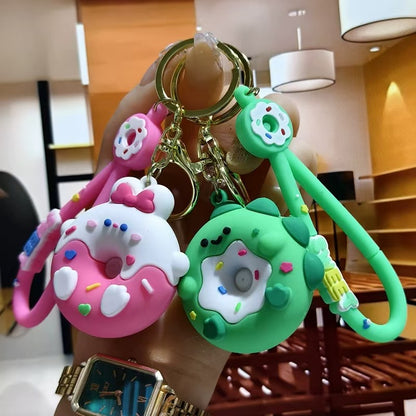 Donut Rabbit Keychains Creative Bear & Dinosaur Figurine Key Rings Cartoon Schoolbag Ornaments for Girls Claw Machine Small Accessories M.72