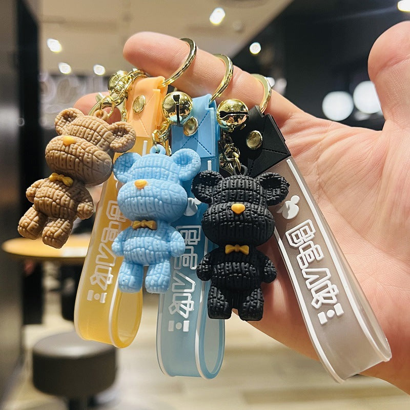 Cartoon Knitted Bear Keychain 3D Doll Bear Bag Charm Soft Rubber Leather Cord Car Key Ring Small Gift M.72