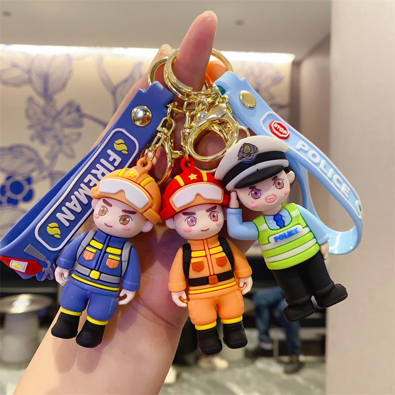 Cartoon Firefighter Keychains Police Officer Key Rings Cute Bag Charms Holiday Gift Items Claw Machine Supplies (Wholesale) M.72