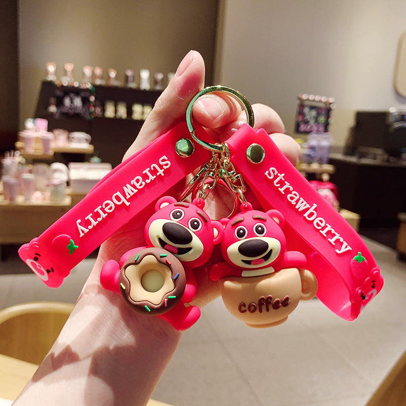 Wholesale of Cute Cartoon Gluttonous Strawberry Bear Keychains Couple Figurine Pendants Car Key Rings Claw Machine Gifts M.72