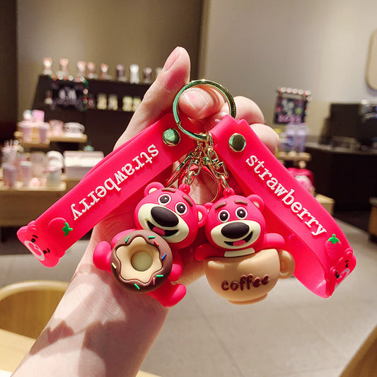 Wholesale of Cute Cartoon Gluttonous Strawberry Bear Keychains Couple Figurine Pendants Car Key Rings Claw Machine Gifts M.72