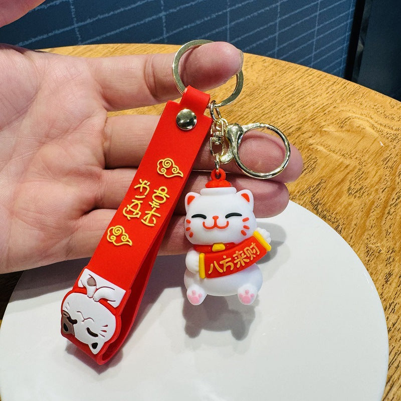 Wholesale of Festive Drum-Beating Lucky Cat Charms 3D Doll Keychains Car Key Rings & Bag Pendants Small Gifts M.72