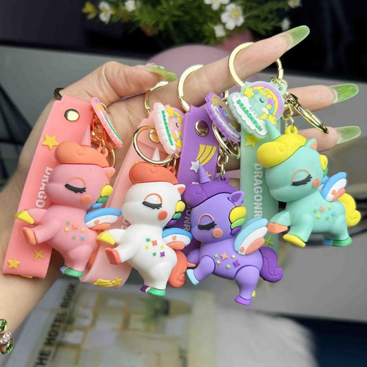 Cartoon Unicorn Keychains Creative Couple Bag & Car Charms Rainbow-Colored Pony Internet-Famous Figurines M.72
