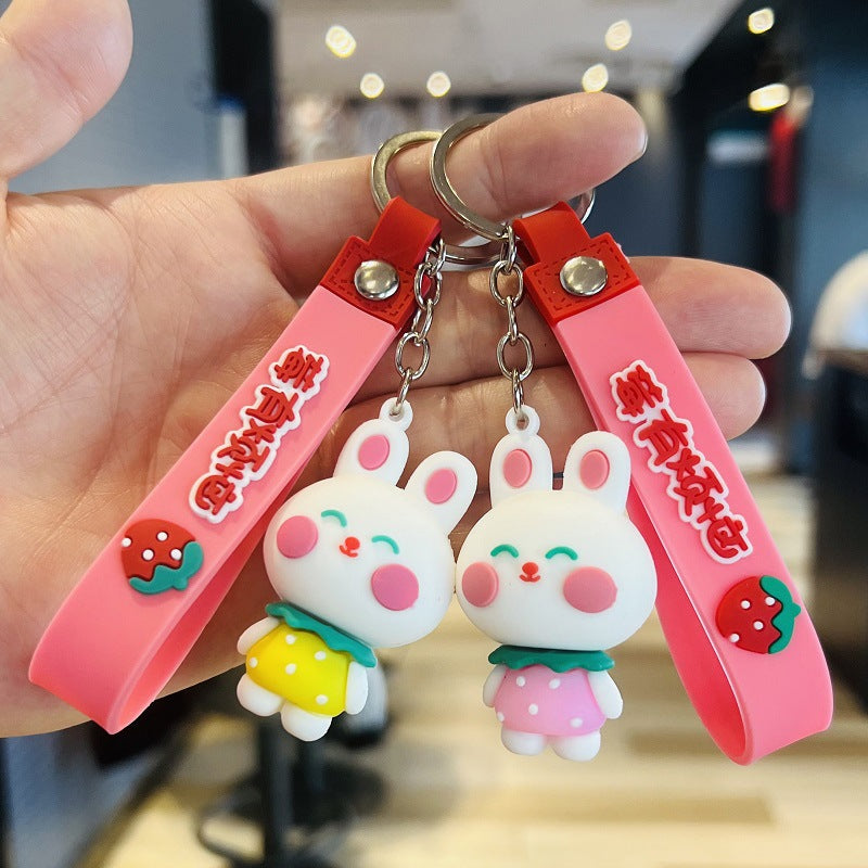 Cartoon Strawberry Rabbit Keychain Bag Pendant 3D Soft Rubber Doll Car Keyring - Event Small Gifts M.72