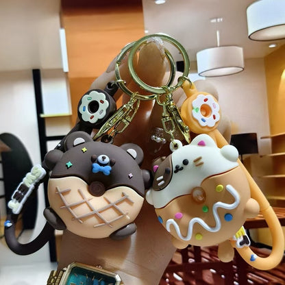 Donut Rabbit Keychains Creative Bear & Dinosaur Figurine Key Rings Cartoon Schoolbag Ornaments for Girls Claw Machine Small Accessories M.72