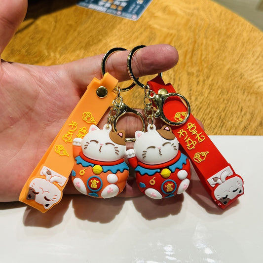 Wholesale of Cartoon Lucky Cat 3D Doll Keychains Fortune Cat Car Charms and Key Rings as New Year Small Gifts M.72