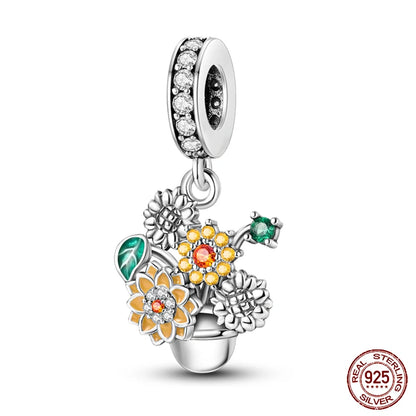 Golden Sunflowers Heart Charms Beads 925 Sterling Silver ﻿Original Bracelets Luxury Party DIY Jewelry 912349723-100S