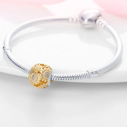Golden Sunflowers Heart Charms Beads 925 Sterling Silver ﻿Original Bracelets Luxury Party DIY Jewelry 912349723-100S