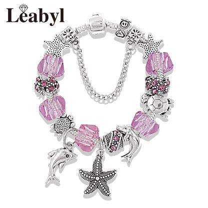 Classic Design Dolphin Charm Bracelets & Bangles for Women Jewelry Gift Blue Murano Crystal Glass Diy Bead Bracelets 1102936551-B