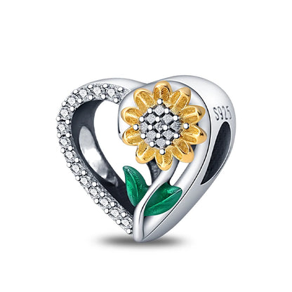 Golden Sunflowers Heart Charms Beads 925 Sterling Silver ﻿Original Bracelets Luxury Party DIY Jewelry 912349723-100S