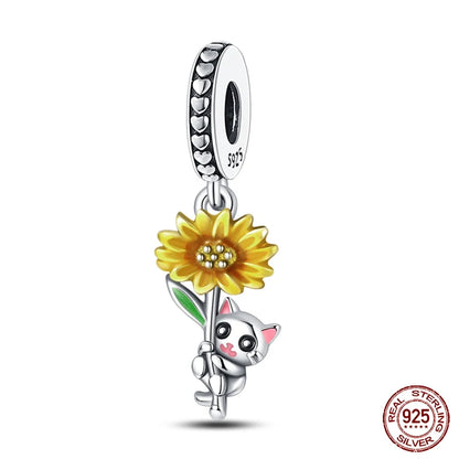 Golden Sunflowers Heart Charms Beads 925 Sterling Silver ﻿Original Bracelets Luxury Party DIY Jewelry 912349723-100S