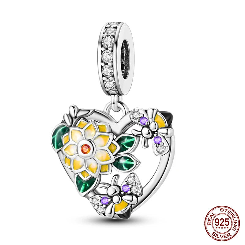 Golden Sunflowers Heart Charms Beads 925 Sterling Silver ﻿Original Bracelets Luxury Party DIY Jewelry 912349723-100S