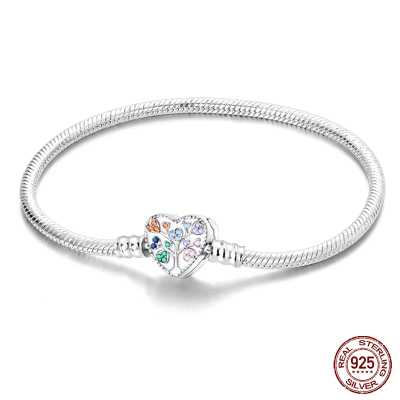 Original 925 Sterling Silver Snake Chain Heart-Shaped  Bracelets Fit Pandora Charms Beads  DIY Jewelry 912349723-KJB057