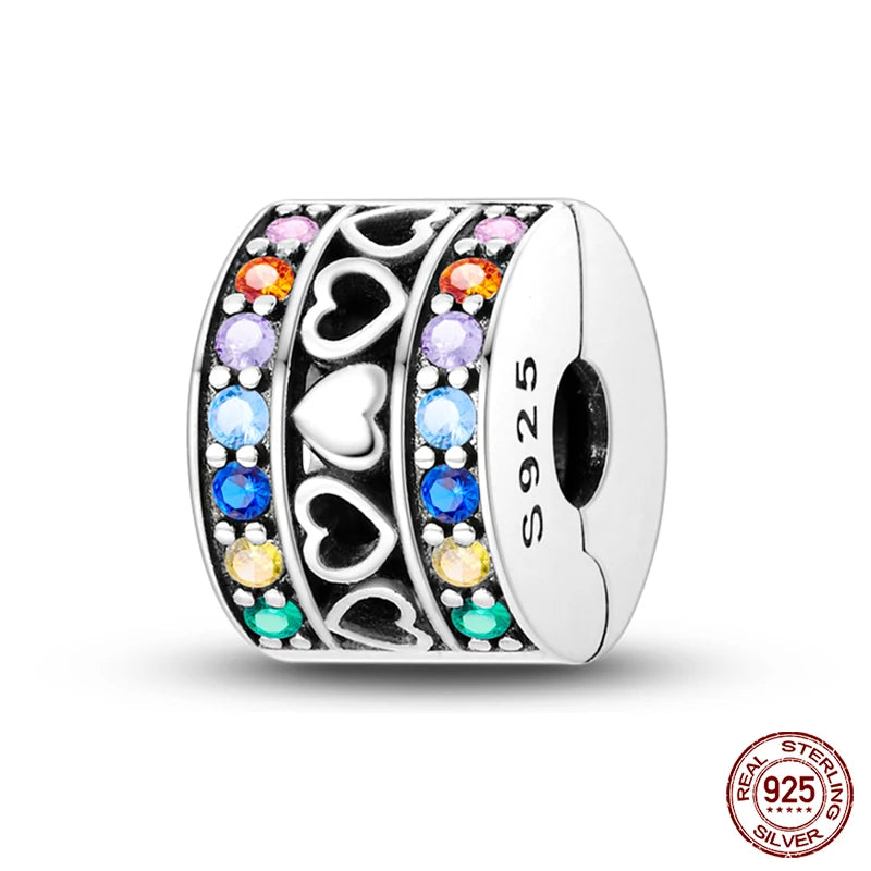 Shining Colorful Heart Charms Beads  Original 925Silver Bracelet Exquisite DIY Jewelry Gift 912349723-300S