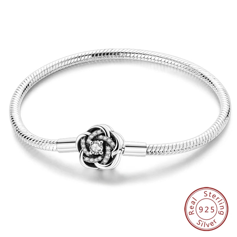 Original 925 Sterling Silver Snake Chain Heart-Shaped  Bracelets Fit Pandora Charms Beads  DIY Jewelry 912349723-KJB109