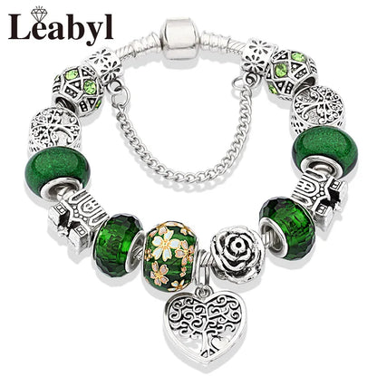 Retro Silver Tree of Life Charm Bracelet Green Crystal Flower Bead  DIY Jewelry 1102936551-B