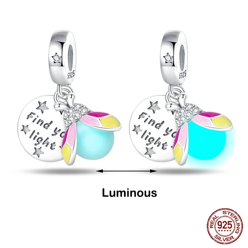 Glow in the dark  Firefly Honeybee Star  925 Silver Charms Beads  Original Bracelets Fine DIY Jewelry 912349723-200S