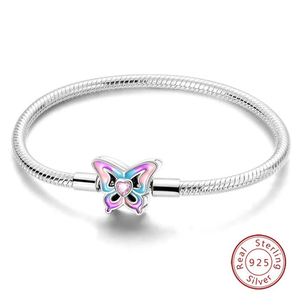 Original 925 Sterling Silver Snake Chain Heart-Shaped  Bracelets Fit Pandora Charms Beads  DIY Jewelry 912349723-KJB108