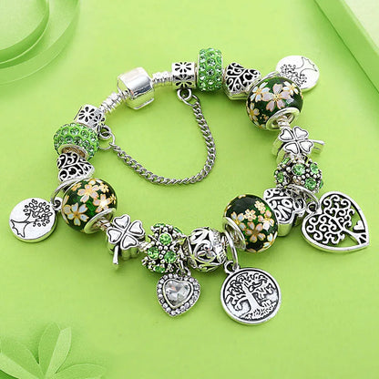 Retro Silver Tree of Life Charm Bracelet Green Crystal Flower Bead  DIY Jewelry 1102936551-B827GN