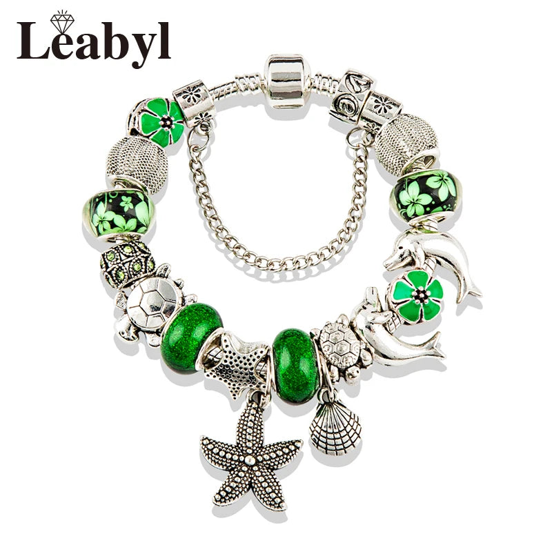 Classic Design Dolphin Charm Bracelets & Bangles for Women Jewelry Gift Blue Murano Crystal Glass Diy Bead Bracelets 1102936551-B