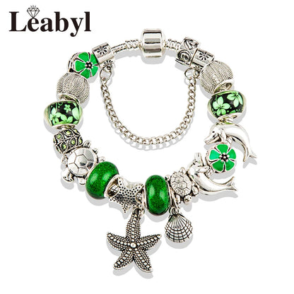 Classic Design Dolphin Charm Bracelets & Bangles for Women Jewelry Gift Blue Murano Crystal Glass Diy Bead Bracelets 1102936551-B