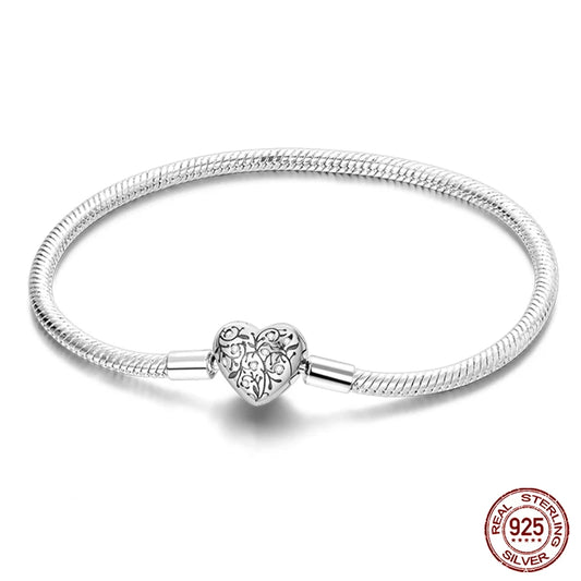 Original 925 Sterling Silver Snake Chain Heart-Shaped  Bracelets Fit Pandora Charms Beads  DIY Jewelry 912349723-KJB055