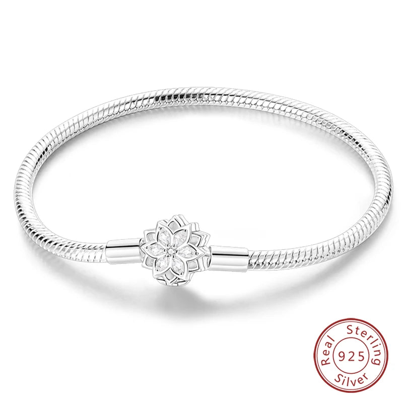 Original 925 Sterling Silver Snake Chain Heart-Shaped  Bracelets Fit Pandora Charms Beads  DIY Jewelry 912349723-KJB113