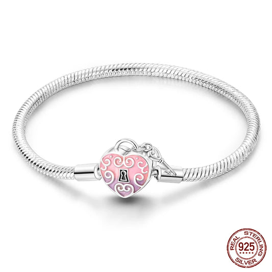 Original 925 Sterling Silver Snake Chain Heart-Shaped  Bracelets Fit Pandora Charms Beads  DIY Jewelry 912349723-KJB056