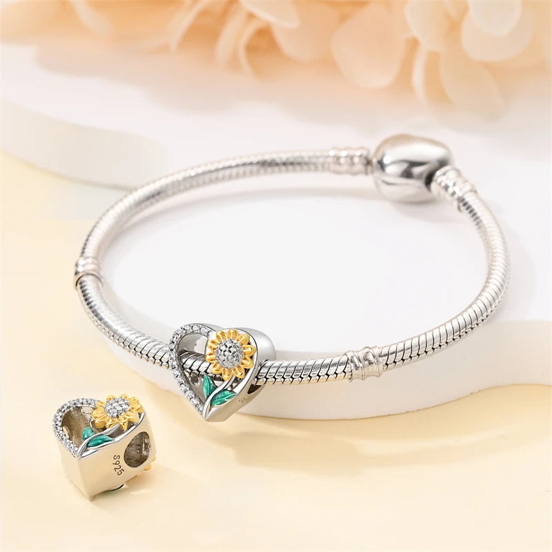 Golden Sunflowers Heart Charms Beads 925 Sterling Silver ﻿Original Bracelets Luxury Party DIY Jewelry 912349723-100S