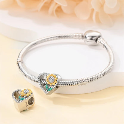 Golden Sunflowers Heart Charms Beads 925 Sterling Silver ﻿Original Bracelets Luxury Party DIY Jewelry 912349723-100S