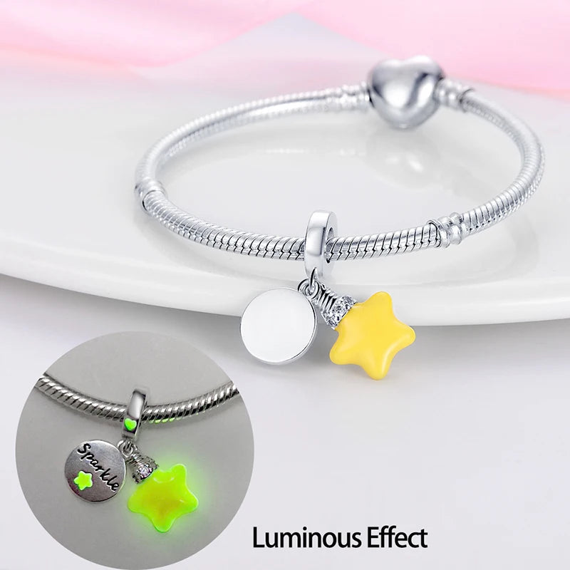 Glow in the dark  Firefly Honeybee Star  925 Silver Charms Beads  Original Bracelets Fine DIY Jewelry 912349723-200S