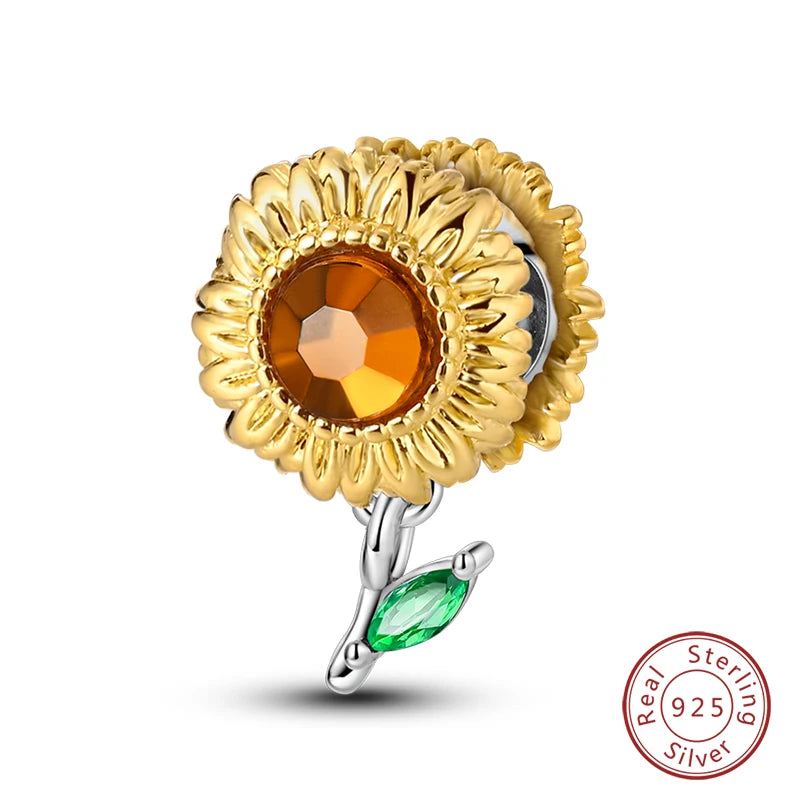 Golden Sunflowers Heart Charms Beads 925 Sterling Silver ﻿Original Bracelets Luxury Party DIY Jewelry 912349723-100S