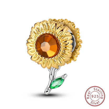 Golden Sunflowers Heart Charms Beads 925 Sterling Silver ﻿Original Bracelets Luxury Party DIY Jewelry 912349723-100S